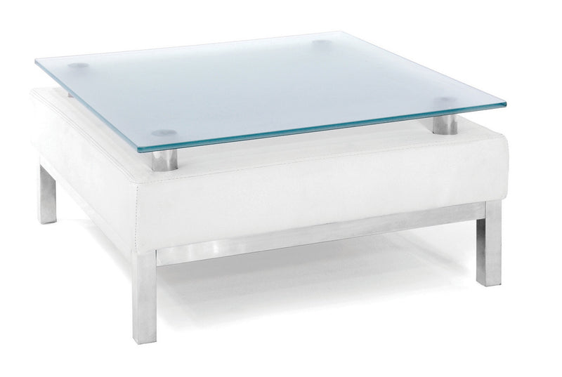 Tavolino in pelle con vetro azzurrato